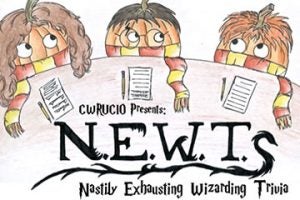 Illustration of pumpkins dressed up to look like Hermione Granger, Harry Potter and Ron Weasley with N.E.W.T written underneath