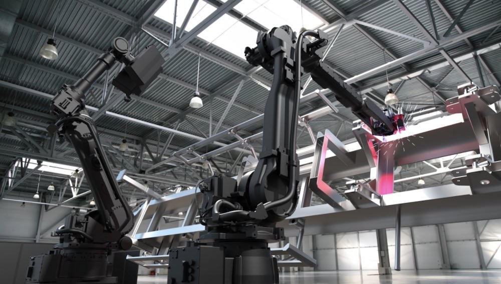 Photo showing the mechanical robotic welder at work