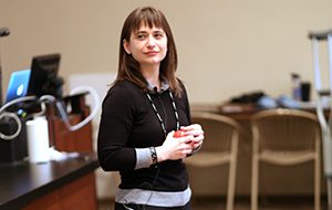 Provost William A. “Bud” Baeslack surprises Rebecca Benard with Wittke Award in class.
