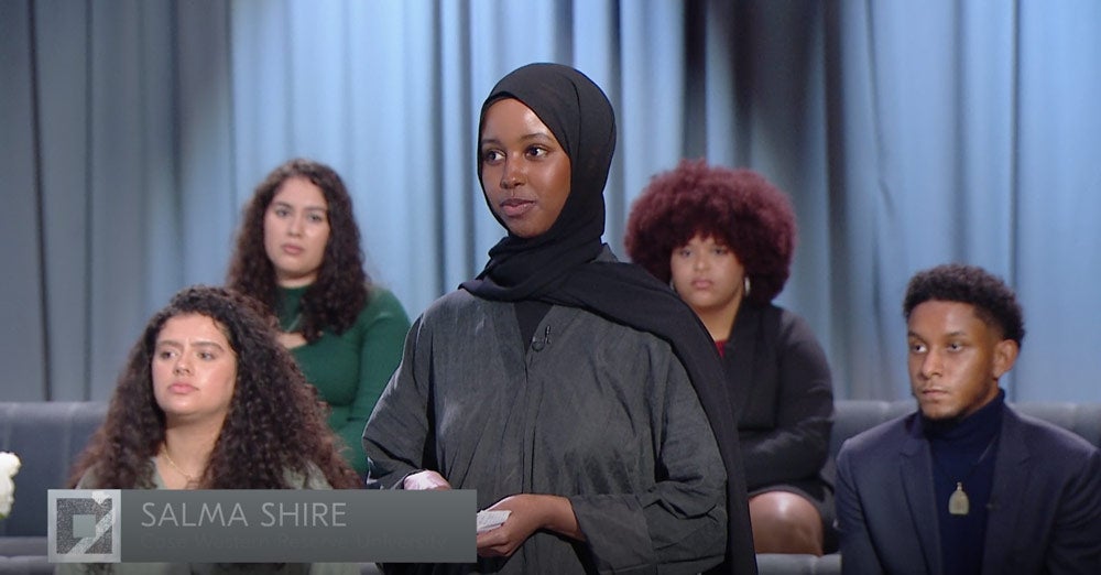 Screenshot from the broadcast of Salma Shire speaking at Michelle Obama's Becoming event