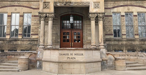 Exterior of Case Western Reserve's Adelbert Hall, with the Samuel H. Miller Plaza entrance