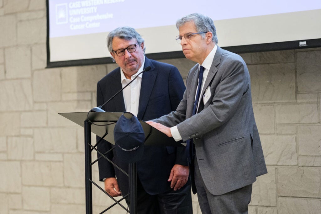 Photo of Mark Taxel and Gary Schwartz announcing the gift at a podium