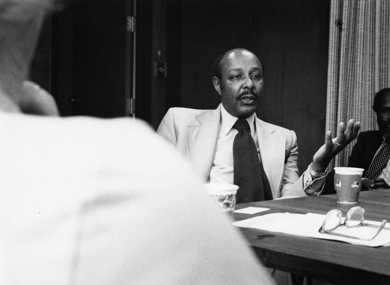Congressman Louis Stokes speaks to a first-year preceptor group on the relationship between legislation and medical education and practice in 1976.