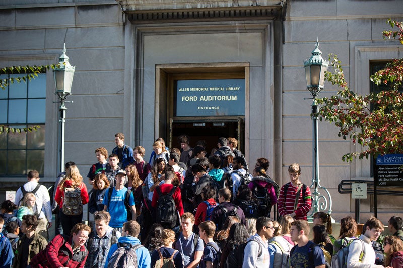 CWRU students pour out of Ford Auditorium