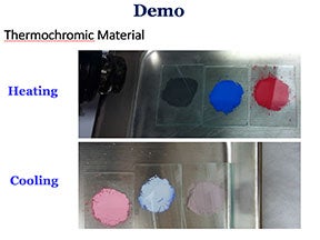 Samples of black, blue and red paint which change color from exposure to light.