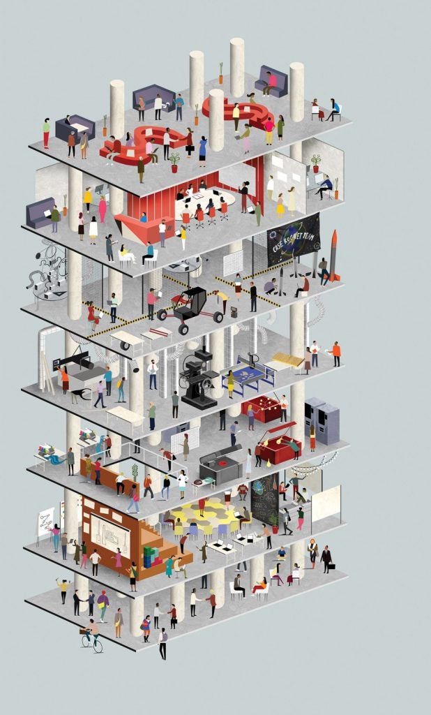 Illustration that demonstrates the various activities that take place in Sears think[box] with a floor-by-floor depiction