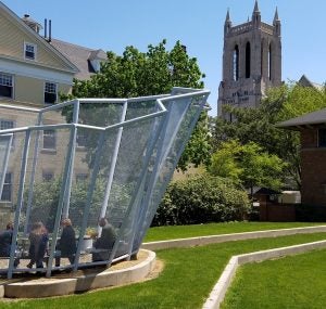 Photo of McGaffin Carillon behind grassy area and trees
