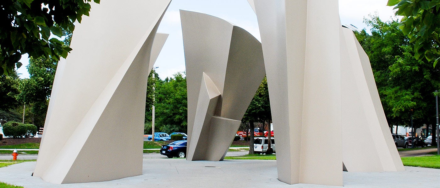 Photo of the Turning Point sculpture at East Bell Commons