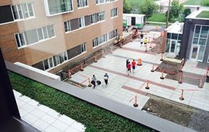 View of walkways in front of new residence hall