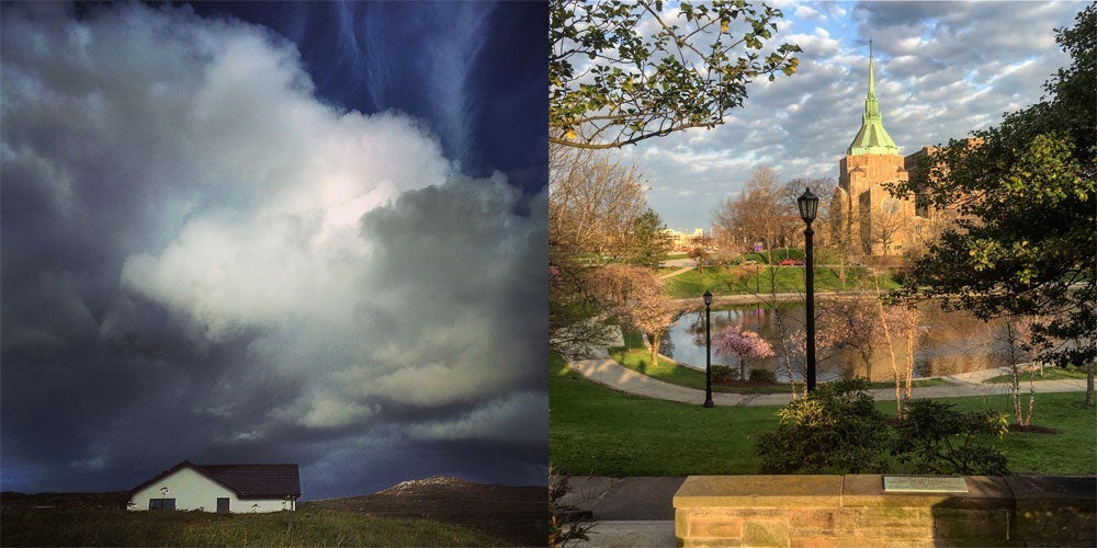 Photo compilation of photographs by Virginia Morrison one of a house with ominous clouds overhead and another looking out at Wade Lagoon