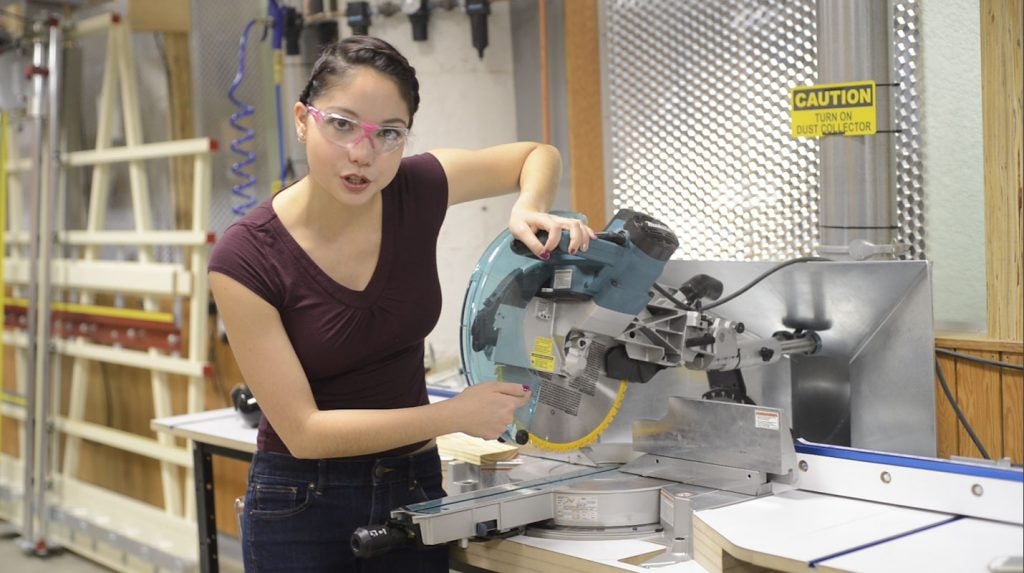 Xyla Foxlin demonstrates how to use the miter saw