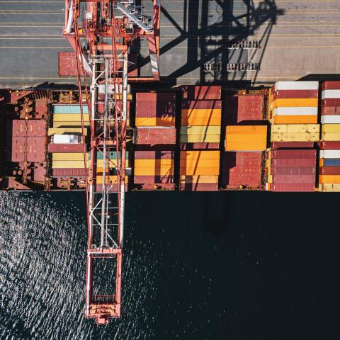 Overhead photo of a docked container ship