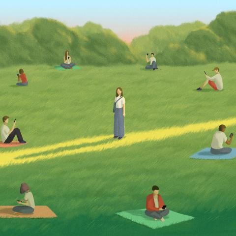 An illustration of people sitting on blankets in a grassy field, all alone and absorbed with their phones, while one person stands alone in the center.