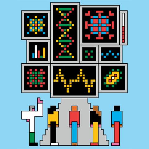 Illustration of people looking up a computer pixels