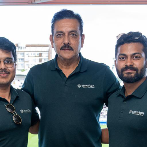 The Smartan.ai team of Sanjay Thiyagarajan, Ravi Shastri and Arunesh Raja pose for a photo outside