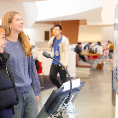 Students engaging with the lobby avatar screen