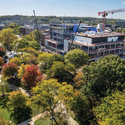 CWRU quad drone photo showing progress on the ISEB building