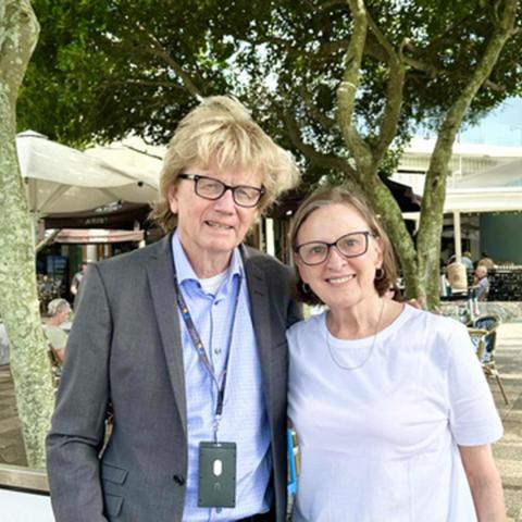 Margaret Kennedy and David Pedlar at an outdoor cafe