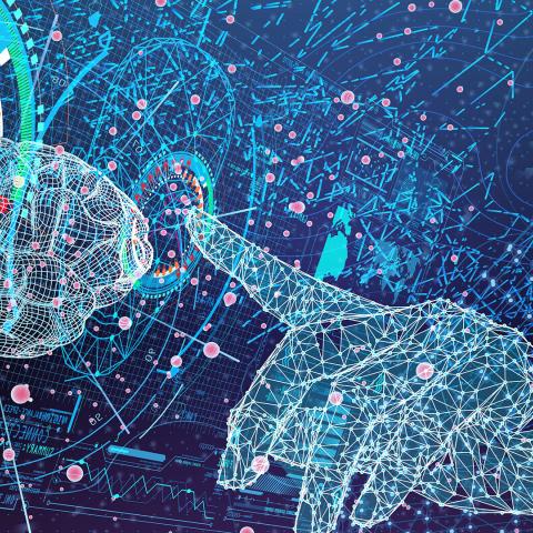 Photo illustration representing advanced medical technologies with a digitized brain and hand