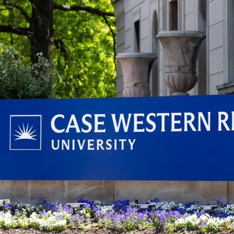 Bright blue sign reading "Case Western Reserve University"