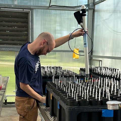 Photo of Sam Harbol working with equipment in a greenhouse lab