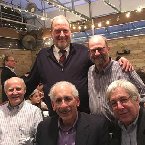 Photo from the 50th reunion dinner. Top row (l-r): Doug Smock (ADL ’70) and Paul Kerson (ADL ’72; GRS ’72, political science). Bottom row (l-r): Blake Lange (CIT ’72), Wayne Gottlieb (CIT ’71) and Jon Poole (ADL ’70; GRS ’72, education; MGT ’73).
