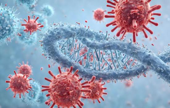 Photo illustration of virus cells attacking a DNA strand