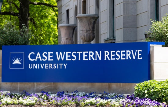 Bright blue sign reading "Case Western Reserve University"