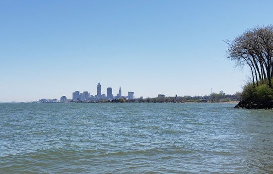 A calm lake with gentle waves is in front of the Cleveland skyline, visible in the distance. A cluster of trees stands on the right shoreline.
