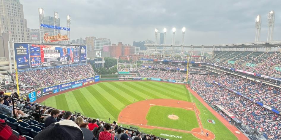 The mood of a cloudy day adds atmosphere to a Cleveland Guardians game. Photo by Ify Chidi.