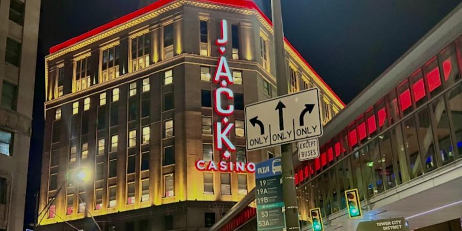Downtown Cleveland’s Jack Casino glows bright against the night sky. Photo by Ify Chidi.
