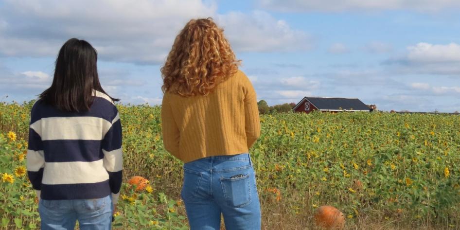 Students pause to take in the quiet beauty of a pumpkin field at Patterson Fruit Farm. Photo by Ify Chidi.