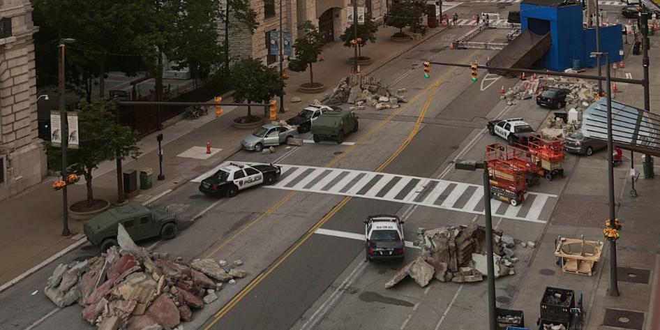 A glimpse behind the scenes at the <em>Superman</em> movie set in downtown Cleveland. Photo by Sharitta A. Thomas.