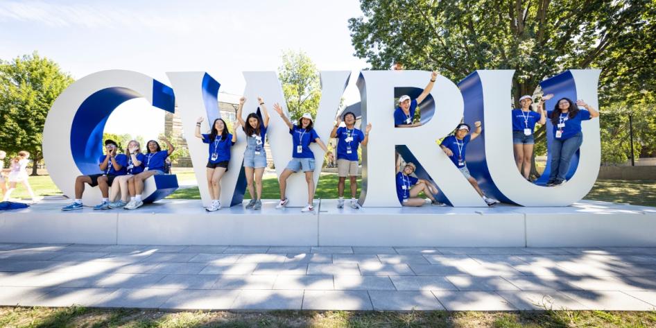 Orientation leaders strike a pose at the iconic CWRU letters on Case Quad before officially welcoming students to campus.