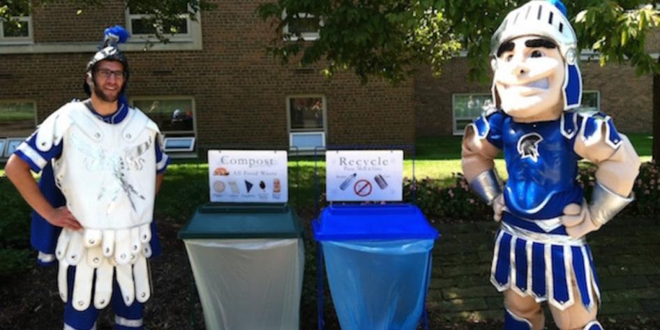 Two vintage Spartie mascots pose at a Green Bag Lunch Series’ Recycle Like a Master event. 