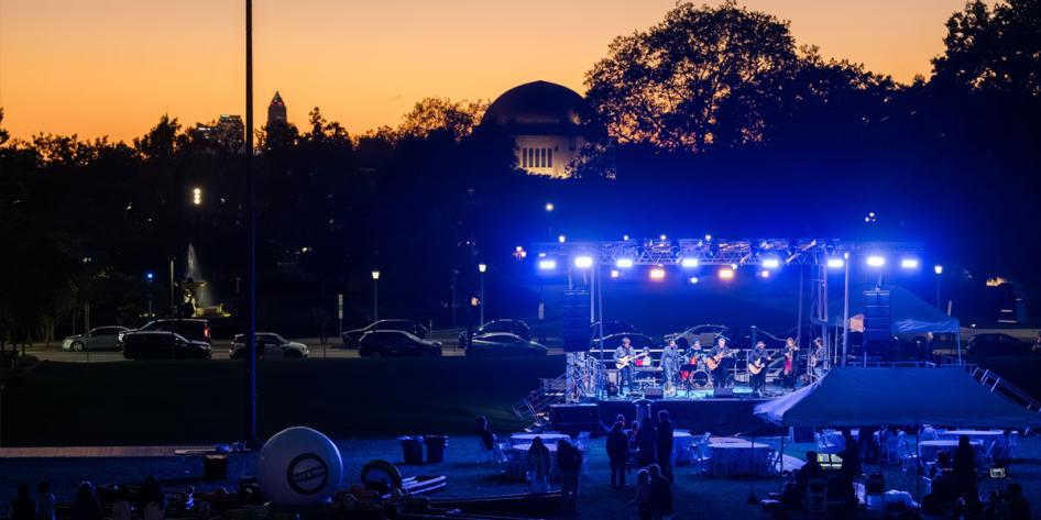 Sunset view of stage at Blue Bash event during Homecoming and Reunion Weekend 2025.