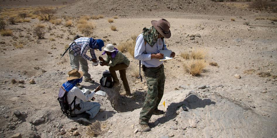 Photo of Haile-Selassie and his crew examining findings in the field