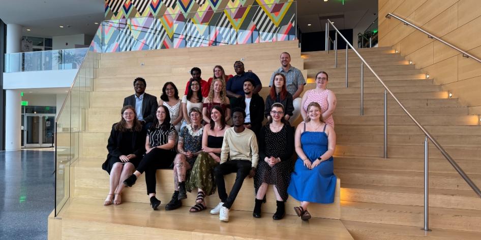Participants of the 2025 Cleveland Humanities Collaborative pose for a photo during the Summer Collaboratory celebration dinner at Tinkham Veale University Center.