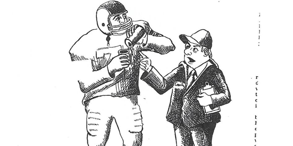 Cartoon of football player and coach created by Howard Maier 