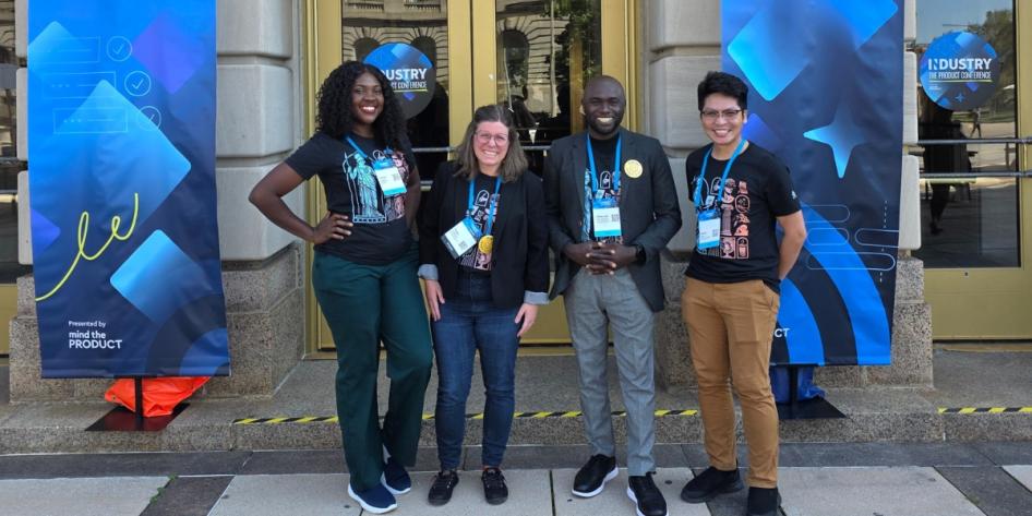 Olatunde Akin-Oluyomi (pictured right) leads delegates of the CWRU Product Management Club at an industry conference. 