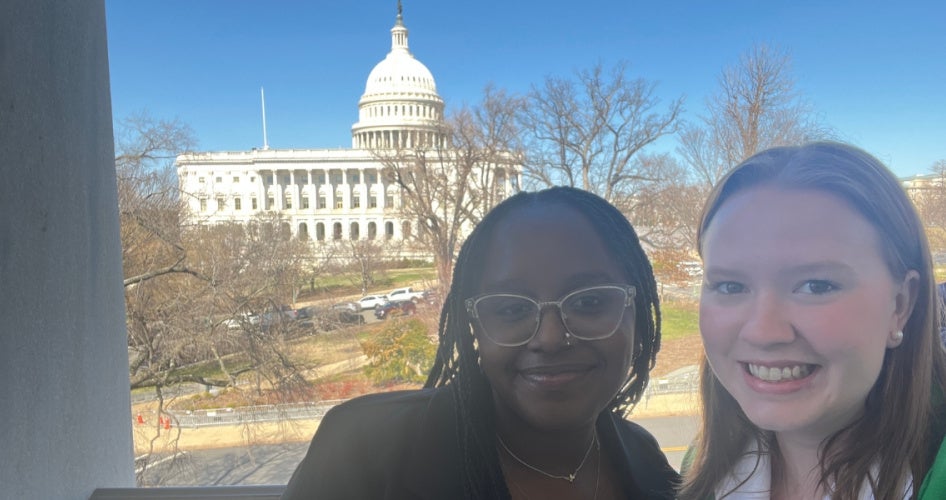 Caley Nee and classmate Schuylar Pearson take a selfie after meeting with the congressional staff of Shontel Brown, U.S. representative for Ohio's 11th congressional district. 