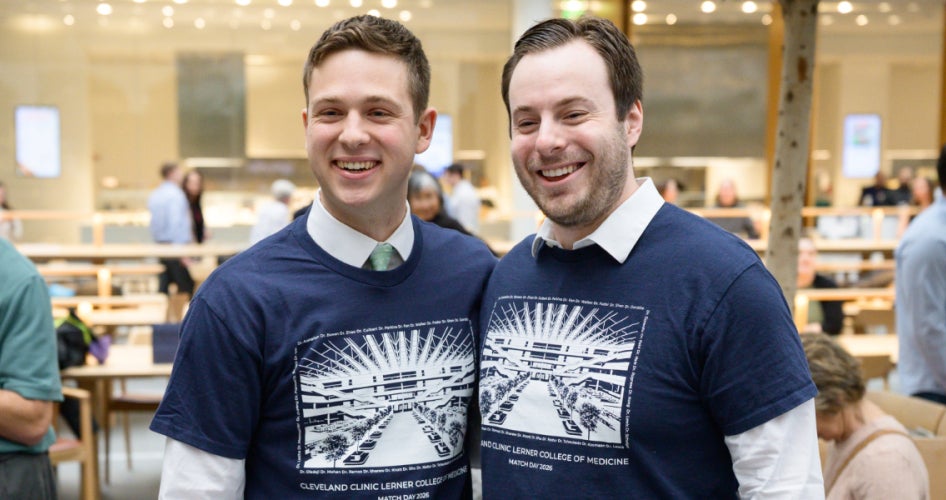 two students wearing Cleveland Clinic Lerner College of Medicine Match Day 2026 shirts