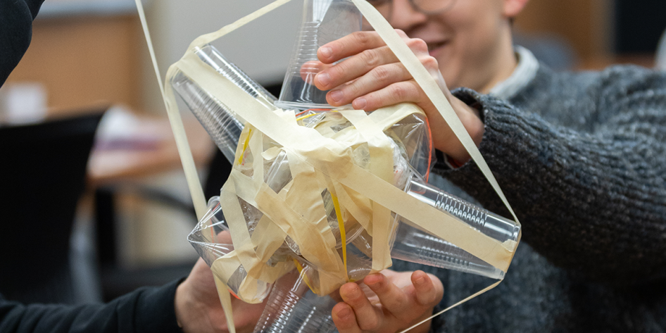 Image of a students creation to protect a lightbulb during E-Week's Lightbulb Drop