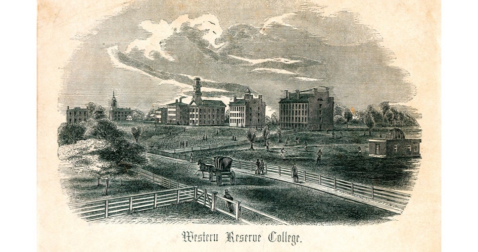 Historic illustration of Western Reserve College with several large buildings on a grassy campus. People walk along paths, with a horse-drawn carriage and fenced fields.