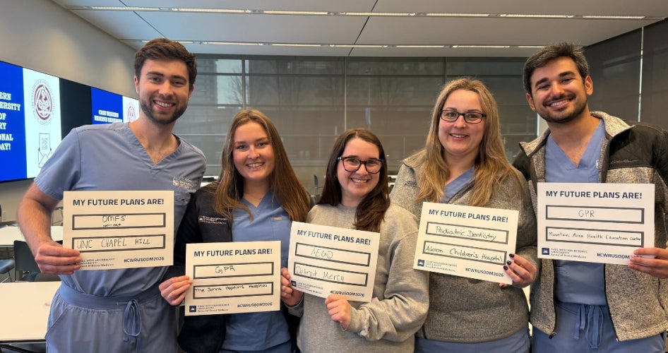 Dental students hold "My future plans are" signs at the American Student Dental Association (ASDA) signing day. 