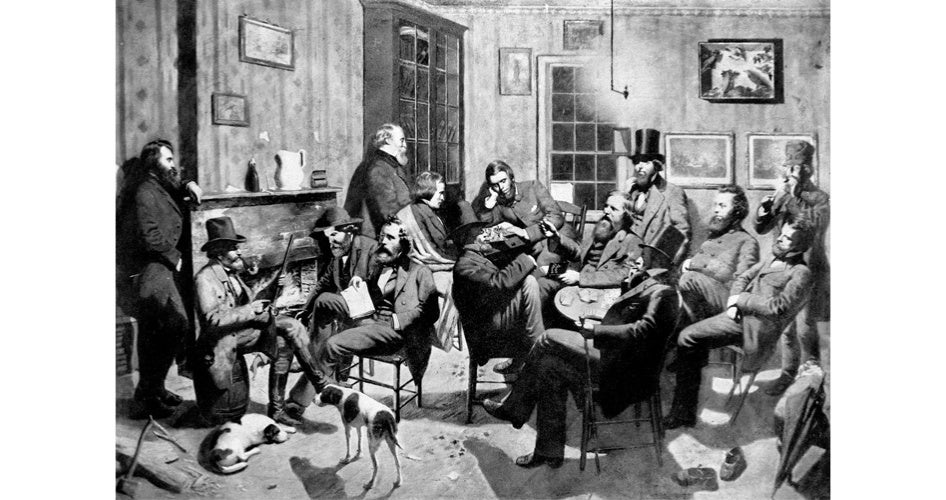 A black-and-white illustration of a lively 19th-century saloon with a group of men in suits, some with hats, sitting and standing in a cluttered room. Two dogs, framed pictures, and a fireplace add to the historic ambiance. 