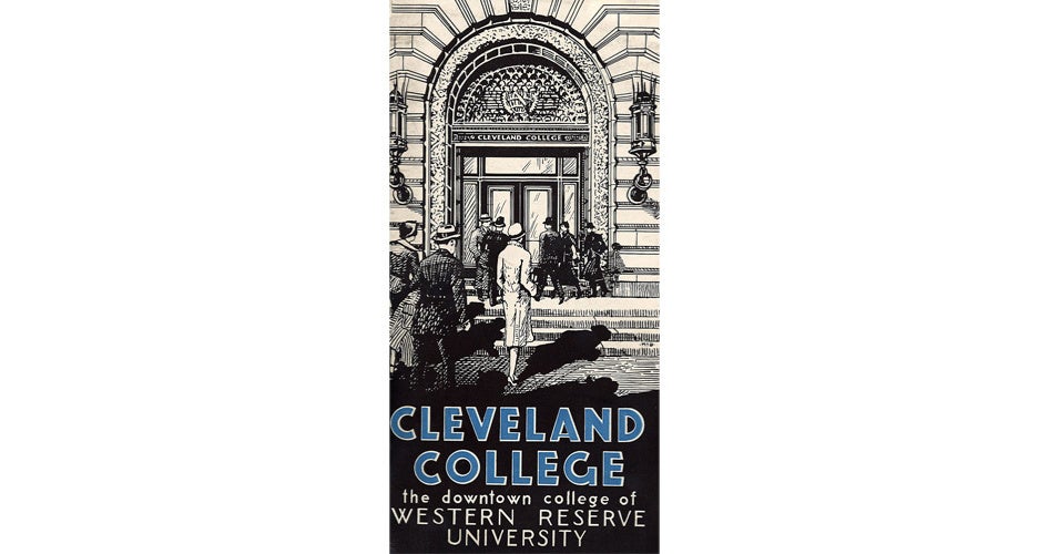 Art deco style illustration of people entering Cleveland College, Western Reserve University. Vintage attire, ornate entrance, and grand architecture evoke nostalgia.