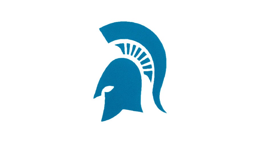 Blue Spartan helmet logo against a black background, featuring a prominent crest and face guard. The style is bold and conveys strength and valor.