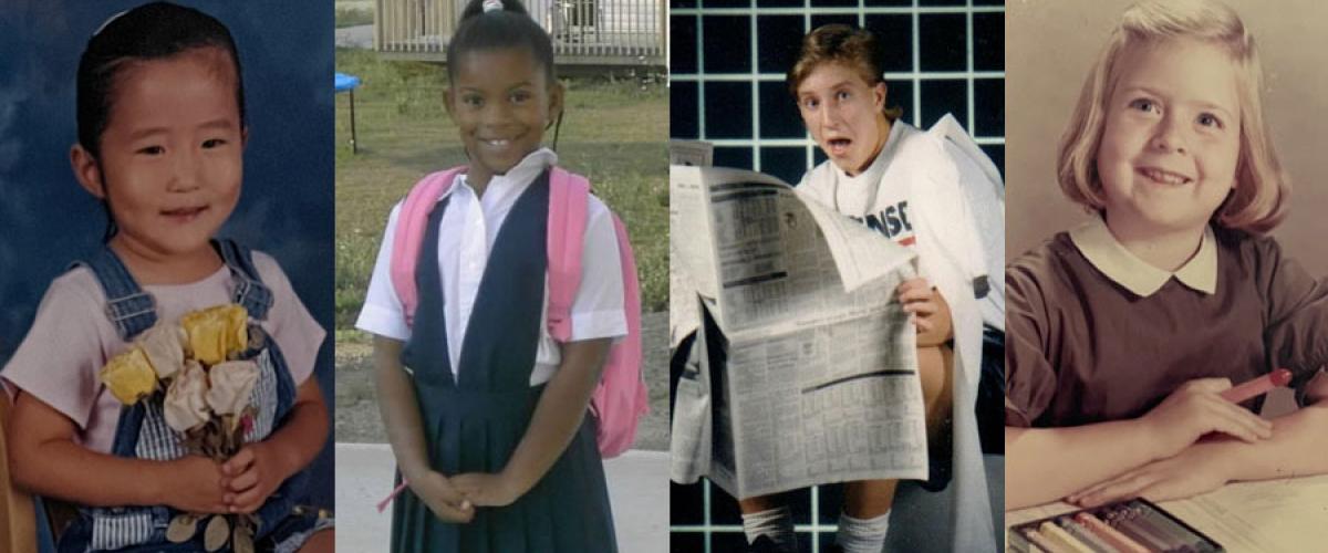 Photo compilation of childhood school images of Cynthia Kim, Dominique McIntyre, Jay Klein and Valerie Toly
