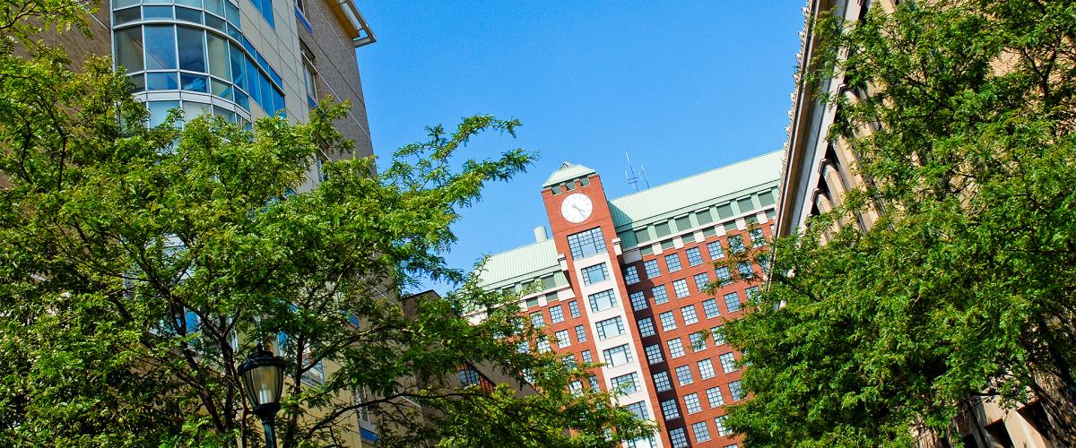 Clock tower outside the biomedical research building